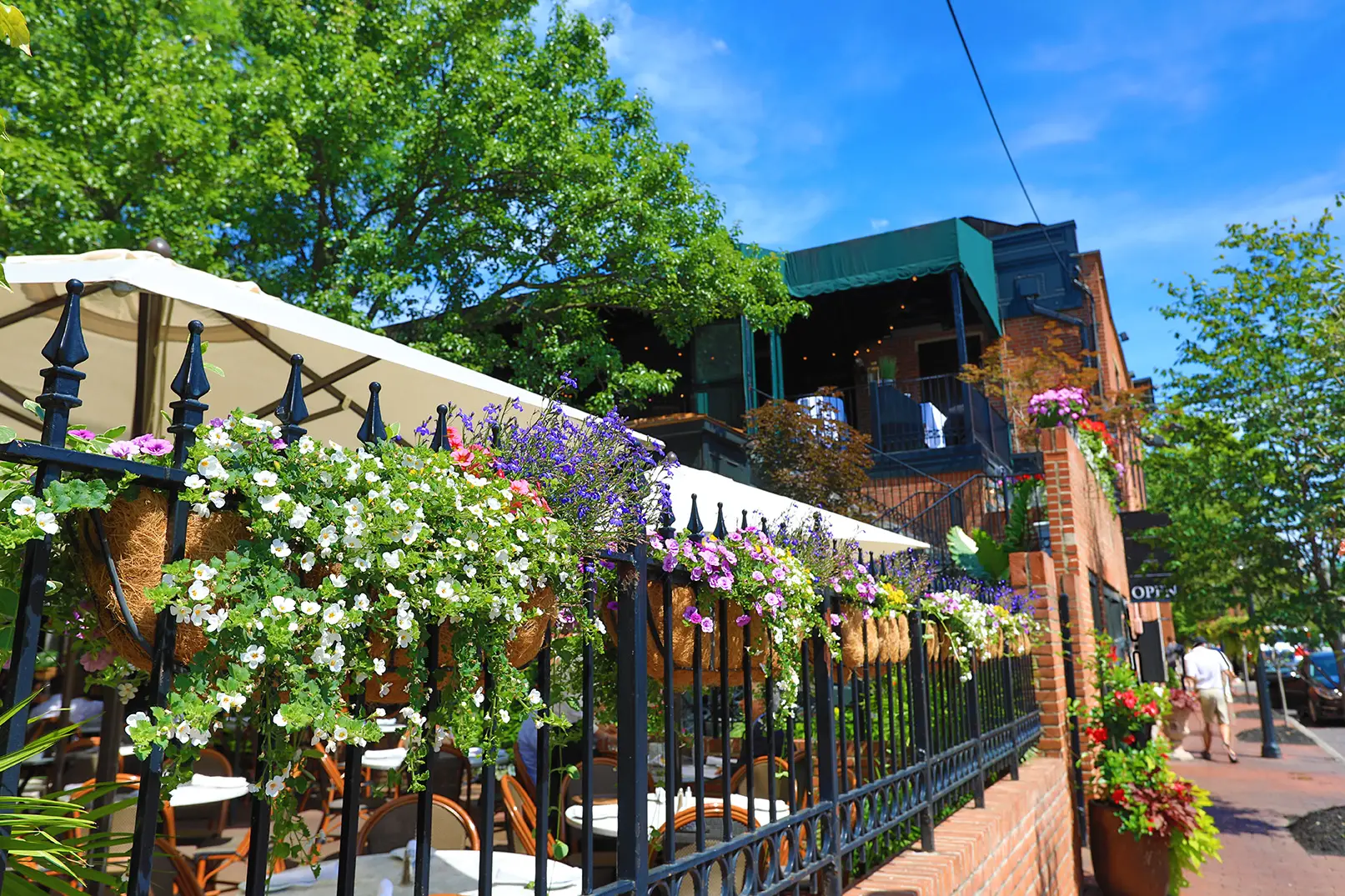 A local cafe with rustic decor and flowers.