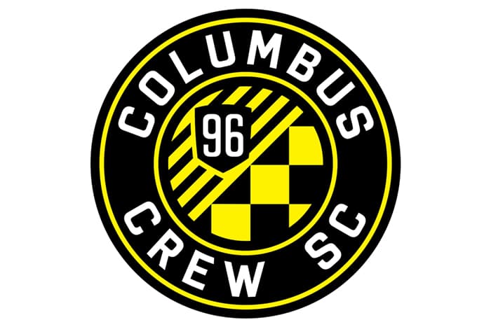 Columbus Crew SC official logo featuring black and yellow crest with checkered pattern and founding year 96, near Columbus apartments