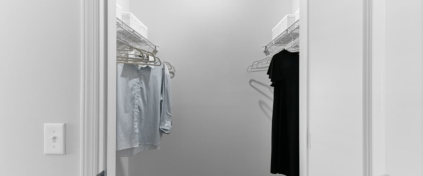 Bedroom closet featuring hanging space and shelves