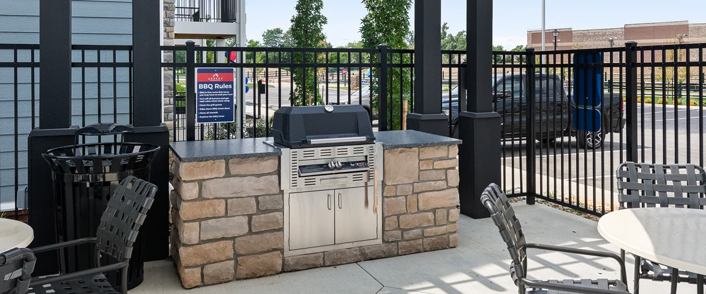 Outdoor grilling station for use by residents of a Powell Ohio apartment community