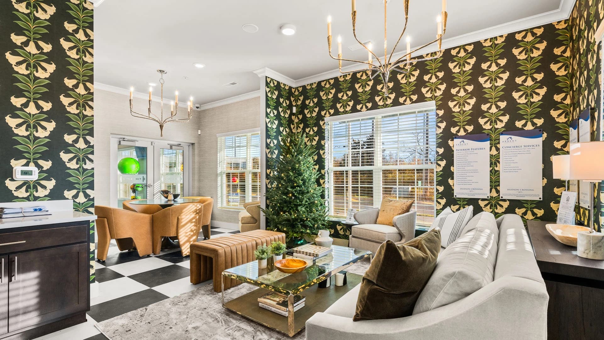 Eccentrically decorated lounge area with tables, chairs and couches available for residents of a Grove City apartment community