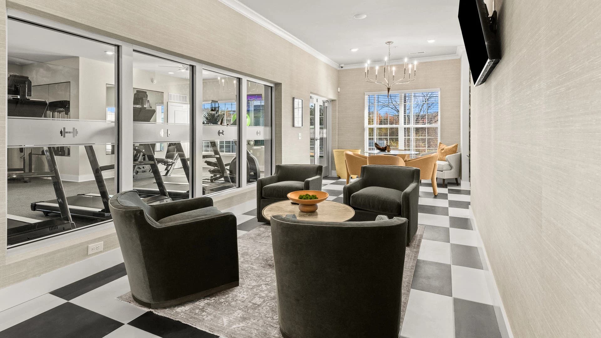 Common area next to a fitness center at a Grove City apartment community