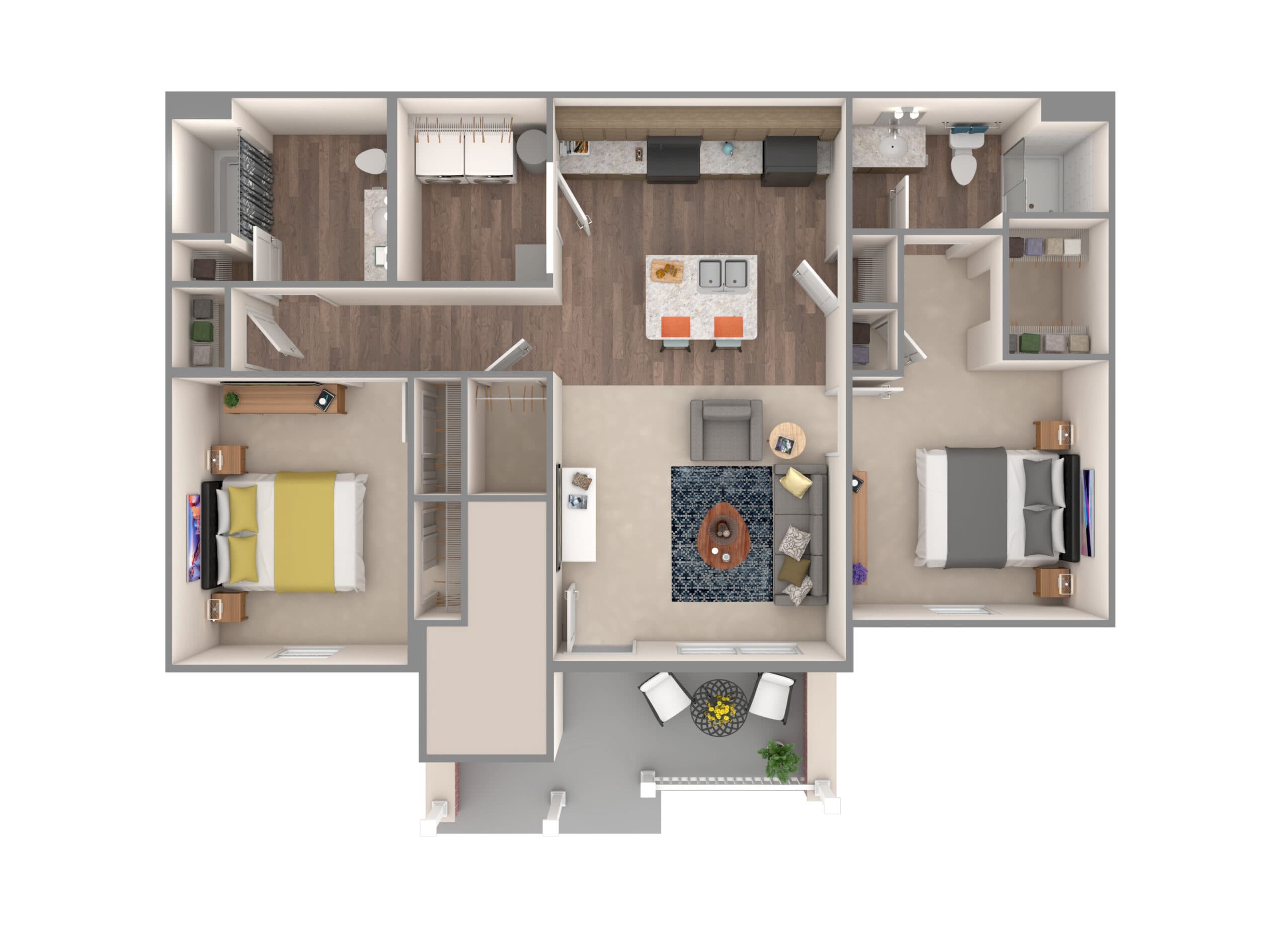 An overhead view of an apartment floor plan with two bedrooms and one bathroom.