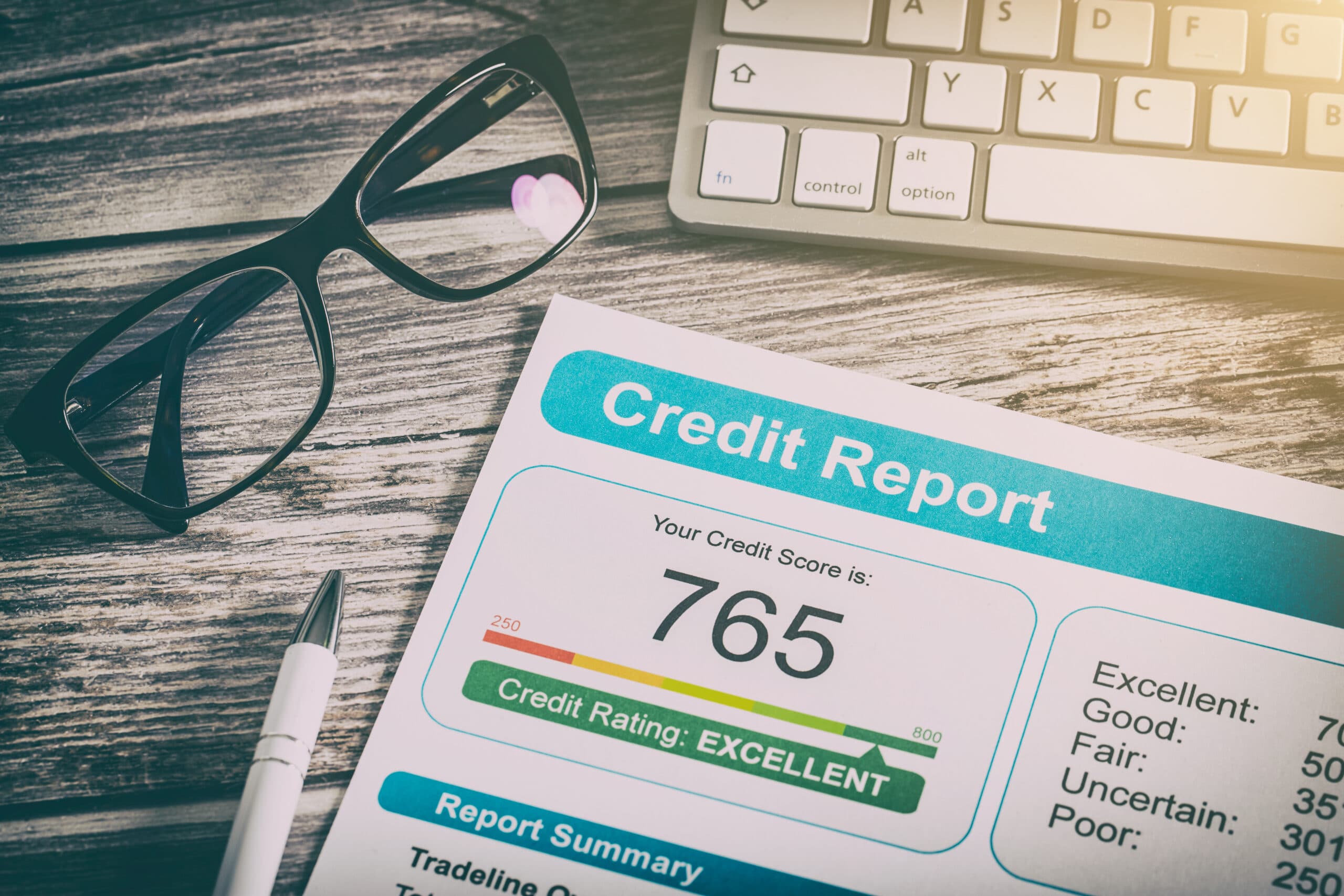 Printed credit report showing an excellent credit score of 765, with eyeglasses, a pen and a keyboard on a desk