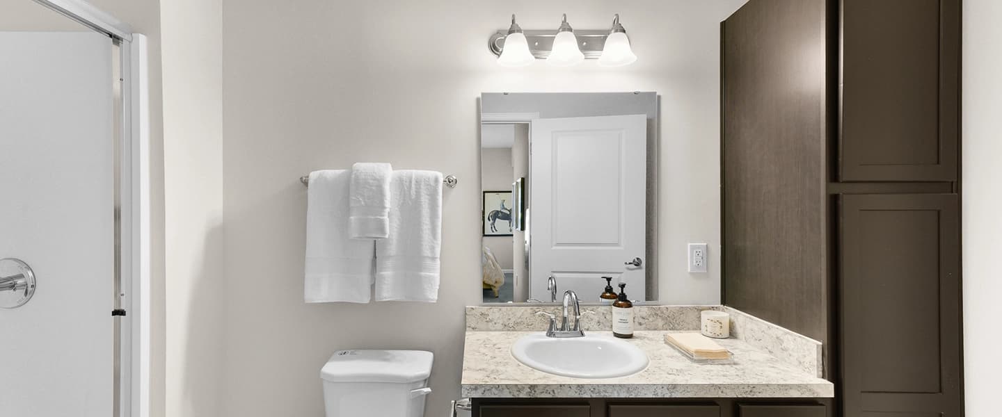 Bathroom featuring a sink, toilet, shower, and built-in storage