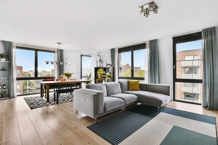 The living room of a luxury apartment with rugs, furniture, plants, and wooden flooring