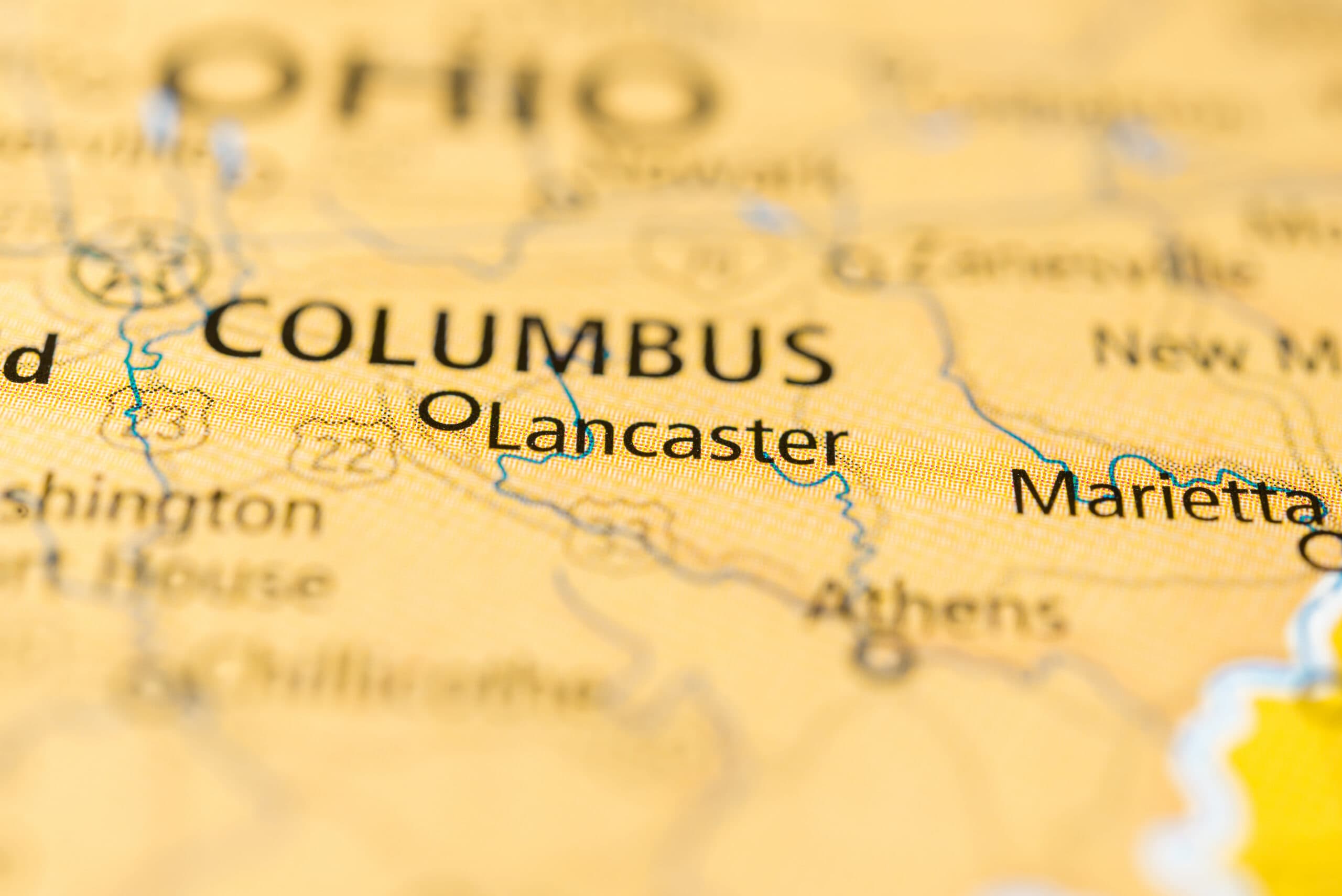 Close-up of a map of Ohio with Lancaster in focus, southeast of Columbus