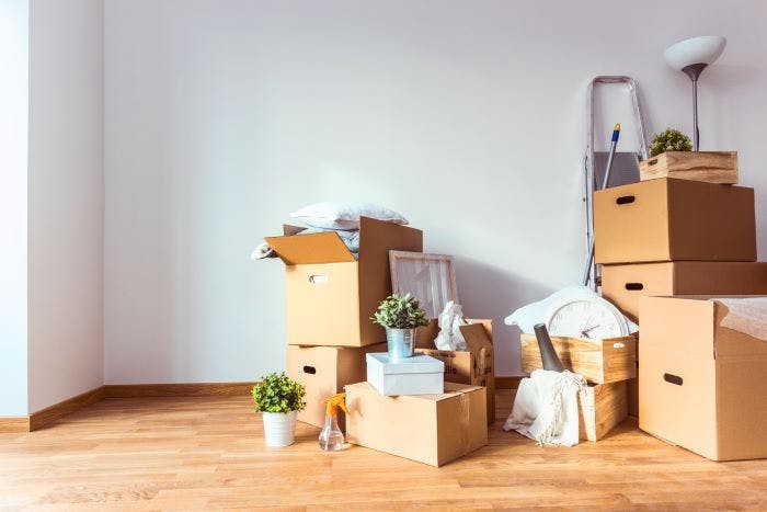 Cardboard boxes and cleaning items for moving into an apartment