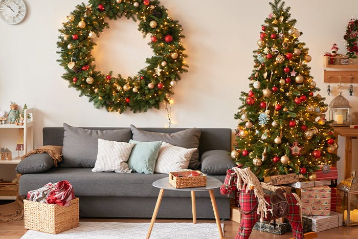 Apartment living room interior with winter holiday decorations
