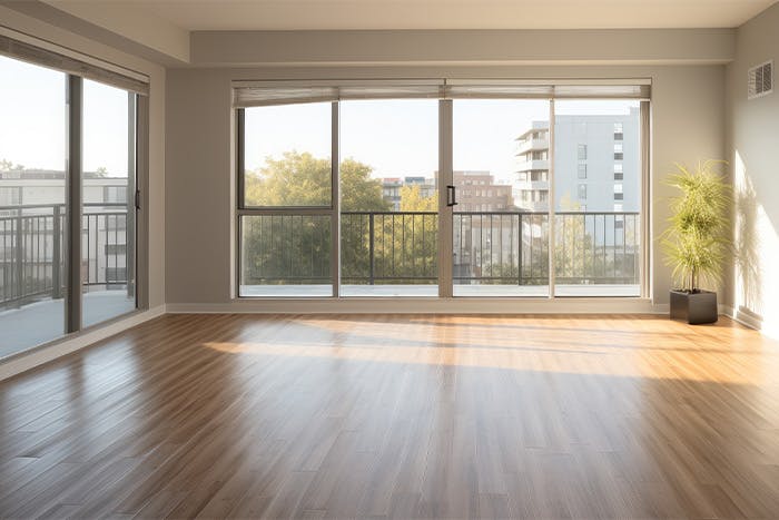 An empty, luxury apartment with no furniture.